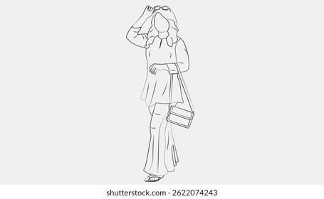 Line art illustration of a fashionable woman walking with a handbag and sunglasses. Ideal for fashion, lifestyle, shopping, urban style, and modern woman concepts.