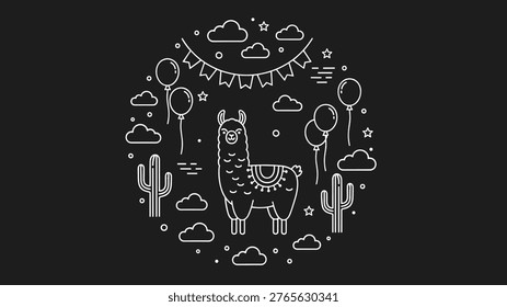 Line art illustration features a cute llama surrounded by cacti and party balloons inside a circular layout on a dark background.