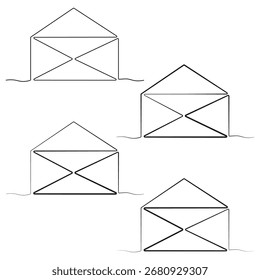 Line art illustration features four distinct envelope designs, emphasizing simplicity and elegance, ideal for digital communication and creative projects. EPS 10.