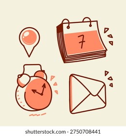 line art illustration featuring an alarm clock, calendar, email envelope, and map pin pointer. Perfect for website contact pages, daily planners, and business communication designs
