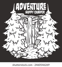 Line art illustration featuring a forest camping scene with trees, a waterfall, and wildlife for outdoor adventure enthusiasts and hiking aficionados seeking a wilderness vibe.