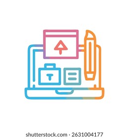 Line art illustration featuring a laptop, pen, and folder with UI elements. Colorful and modern design for creative applications.