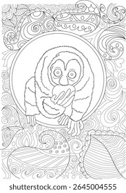 Line art illustration featuring a lazy primate surrounded by intricate abstract decorative patterns, suitable for coloring.