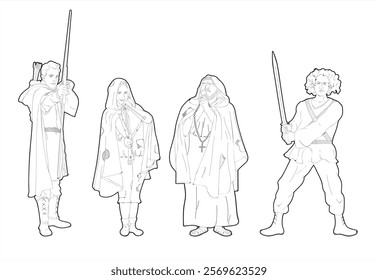 Line art illustration featuring medieval characters on a white background. Includes ragged poor figures, a maiden holding an umbrella, a villain, and characters inspired by the Robin Hood era.