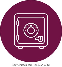 A line art illustration featuring a personal safe with a combination dial and keyhole on a vibrant burgundy circle background, symbolizing security, savings, and protection for money and valuable possessions.