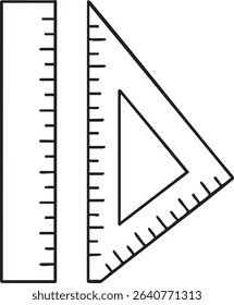 A line art illustration featuring a ruler and a triangle ruler, both with measurement markings, on a white background.