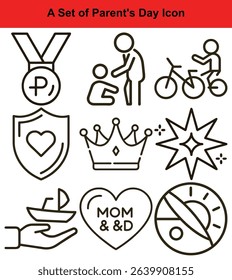 Line art illustration featuring a set of Father's Day and Mother's Day icons medal, parents with child, crown, heart, bicycle, compass, hand holding boat and more!