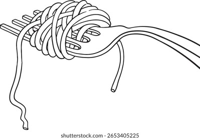 Ilustração de arte de linha com espaguete ou macarrão perfeitamente girado em torno de um garfo, pronto para ser comido. Esta imagem simples, mas icônica, é ideal para projetos relacionados à comida, cozinha italiana.