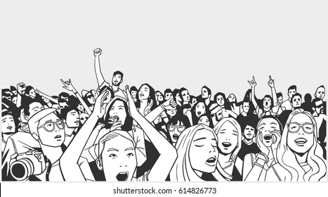 Line Art Illustration Of Festival Crowd Going Crazy At Concert