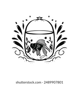 Line Art Illustration of Fish In A Plastic