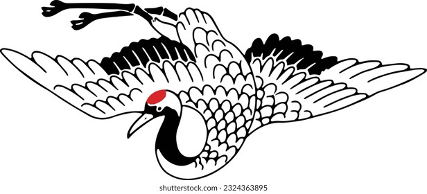 Line Art Illustration of Flapping Japanese Crane (Tancho)
