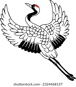 Line Art Illustration of Flapping Japanese Crane (Tancho)
