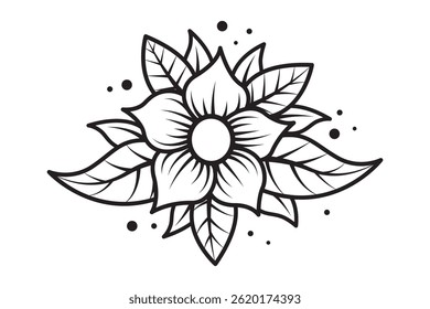 Line art illustration of a flower design in a decorative style including leaves and accent dots. Suitable for creative designs, coloring projects, and minimalist templates.