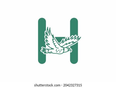 Ilustración de arte en línea de águila voladora con diseño de letra inicial H