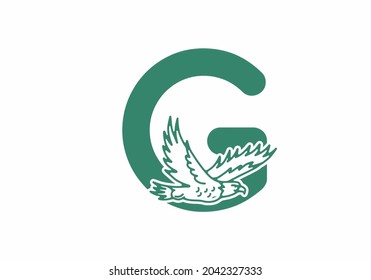 Line art illustration of flying eagle with G initial letter design