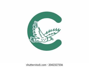 Line art illustration of flying eagle with C initial letter design