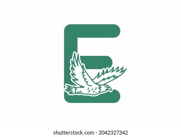 Line art illustration of flying eagle with E initial letter design