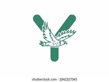 Line art illustration of flying eagle with Y initial letter design