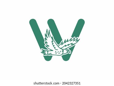 Line art illustration of flying eagle with W initial letter design