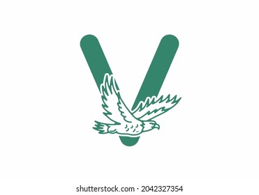 Line art illustration of flying eagle with V initial letter design