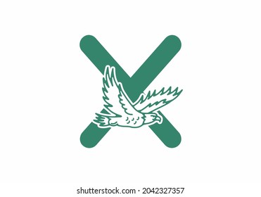 Ilustración de arte en línea de águila voladora con diseño de letra inicial X