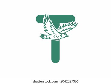 Line art illustration of flying eagle with T initial letter design
