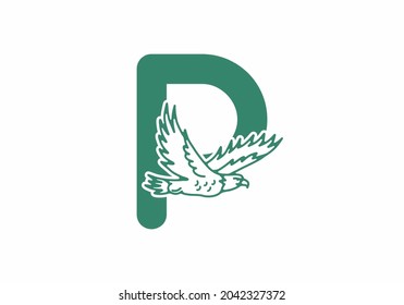 Line art illustration of flying eagle with P initial letter design