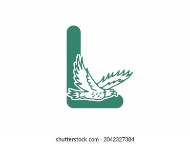 Ilustración de arte en línea de águila voladora con diseño de letra inicial L