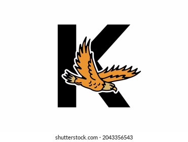 Line art illustration of flying eagle with K initial letter design