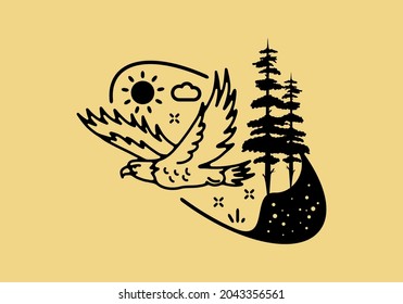 Line art illustration of flying eagle design