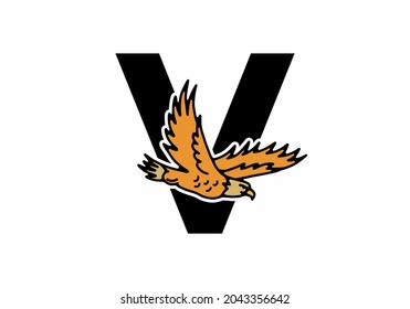 Line art illustration of flying eagle with V initial letter design
