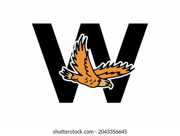 Line art illustration of flying eagle with W initial letter design