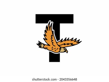 Line art illustration of flying eagle with T initial letter design