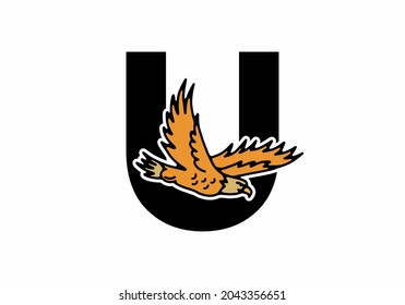 Line art illustration of flying eagle with U initial letter design