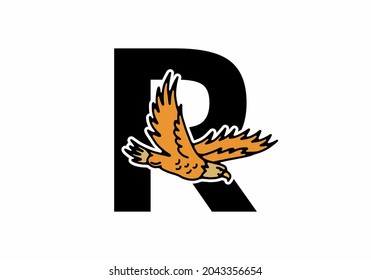 Line art illustration of flying eagle with R initial letter design