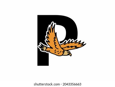 Line art illustration of flying eagle with P initial letter design