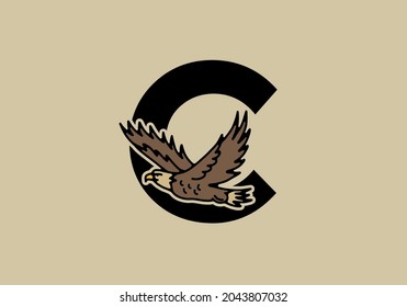 Line art illustration of flying eagle with C initial letter design