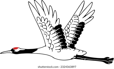 Line Art Illustration of Flying Japanese Crane (Tancho)
