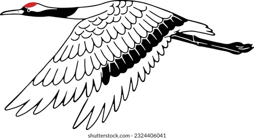 Line Art Illustration of Flying Japanese Crane (Tancho)
