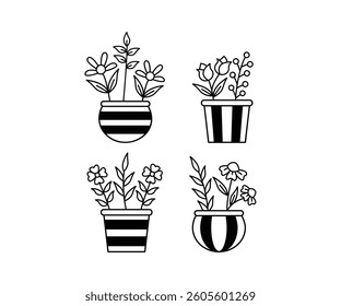 Line Art Illustration of Four Flowers in Striped Pots Black and White Color Vector Design