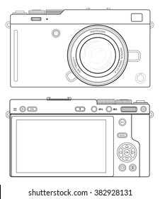 Line art illustration front and back view to MILC mirrorless system camera. Outline Vector 