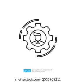 A line art illustration of a gear with a person icon inside, symbolizing the integration of human resources in technology or business processes.