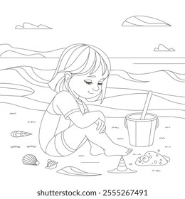 a line art illustration girl play side of see with sent coloring page 