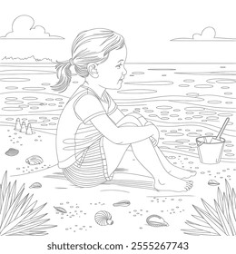 a line art illustration girl play side of se coloring page 