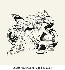 Line art illustration girl sitting and leaning back against motorcycle reading a book helmet next to her