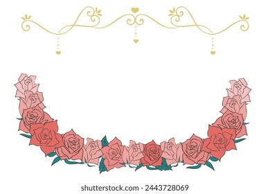 Line art illustration of a gorgeous semi-circular frame and ornament of red roses.