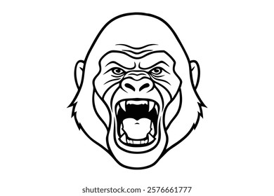 Line art Illustration of a gorilla face, front view screaming