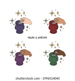 Line art illustration of hand drawn witch hands holding stone mortar. Lettering text make a potion. Isolated on white background.