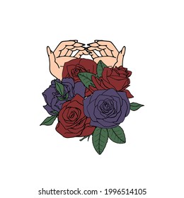 Line art illustration of hand drawn female hand holding rose flowers bouquet. Isolated on white background.