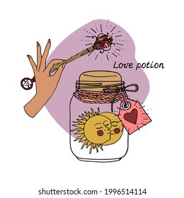 Line art illustration of hand drawn kissing sun and moon in mason jar. Witch hand holding magic wand. Lettering text love potion. Isolated on white background.